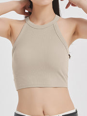 Camel ribbed halter crop top with contrast stitching detail