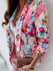 Vibrant Floral Print Open Front Blazer in Red, fit detail