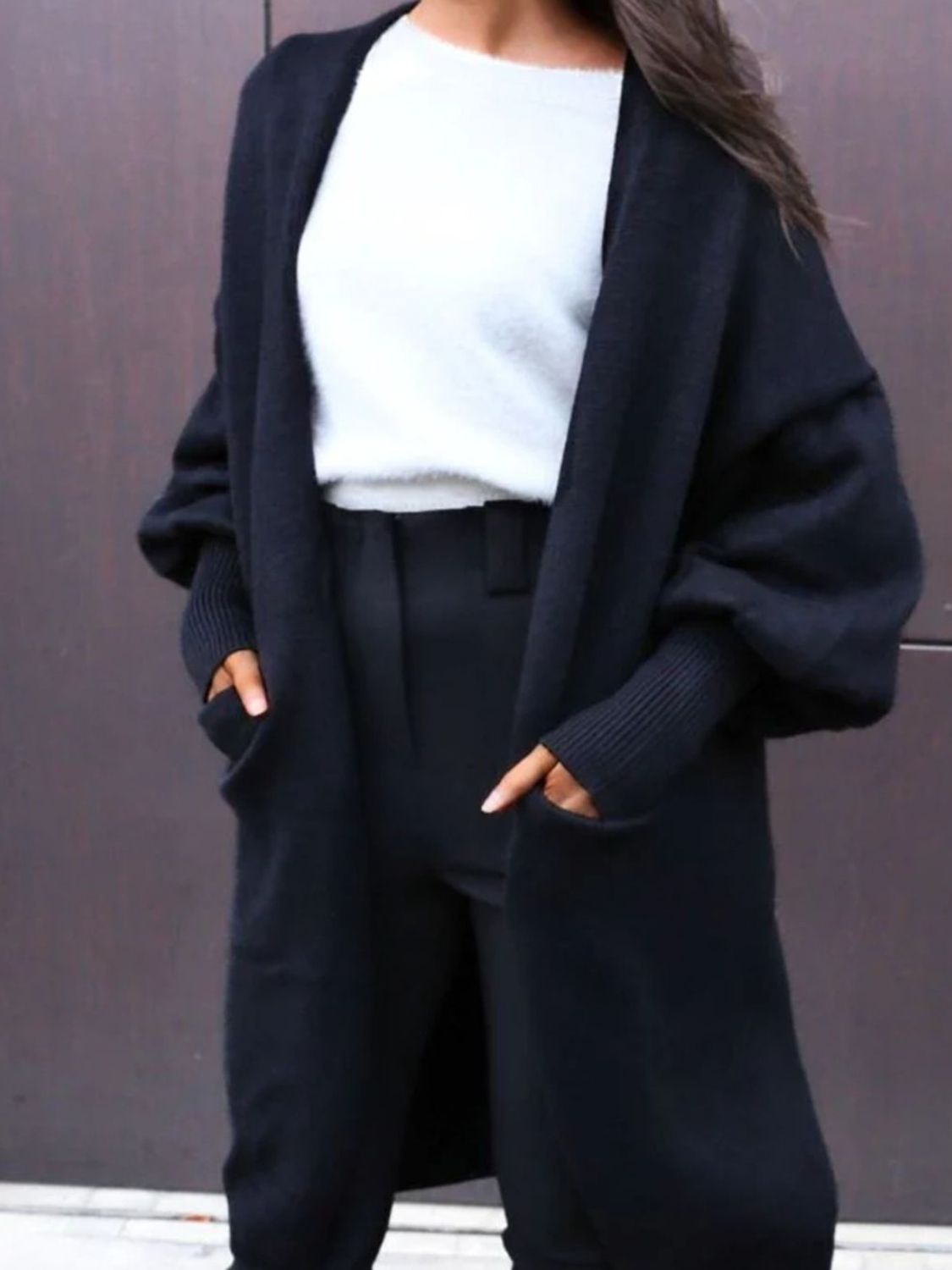Black acrylic maxi cardigan with balloon sleeves and pockets