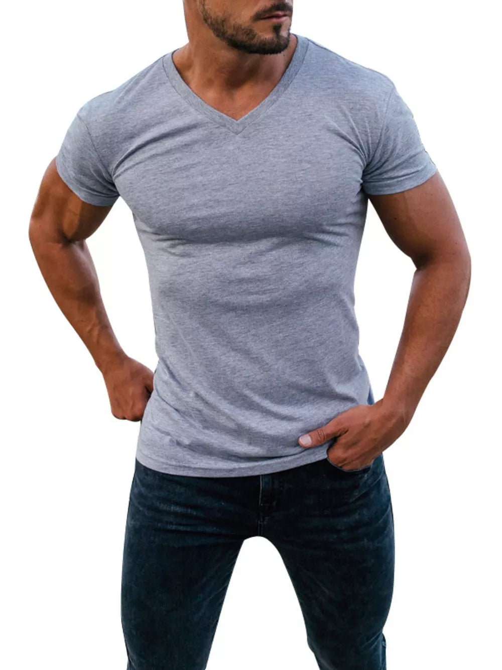 Men's Full Size V-neck Slim Fit Casual T-shirt in Light Gray, back view