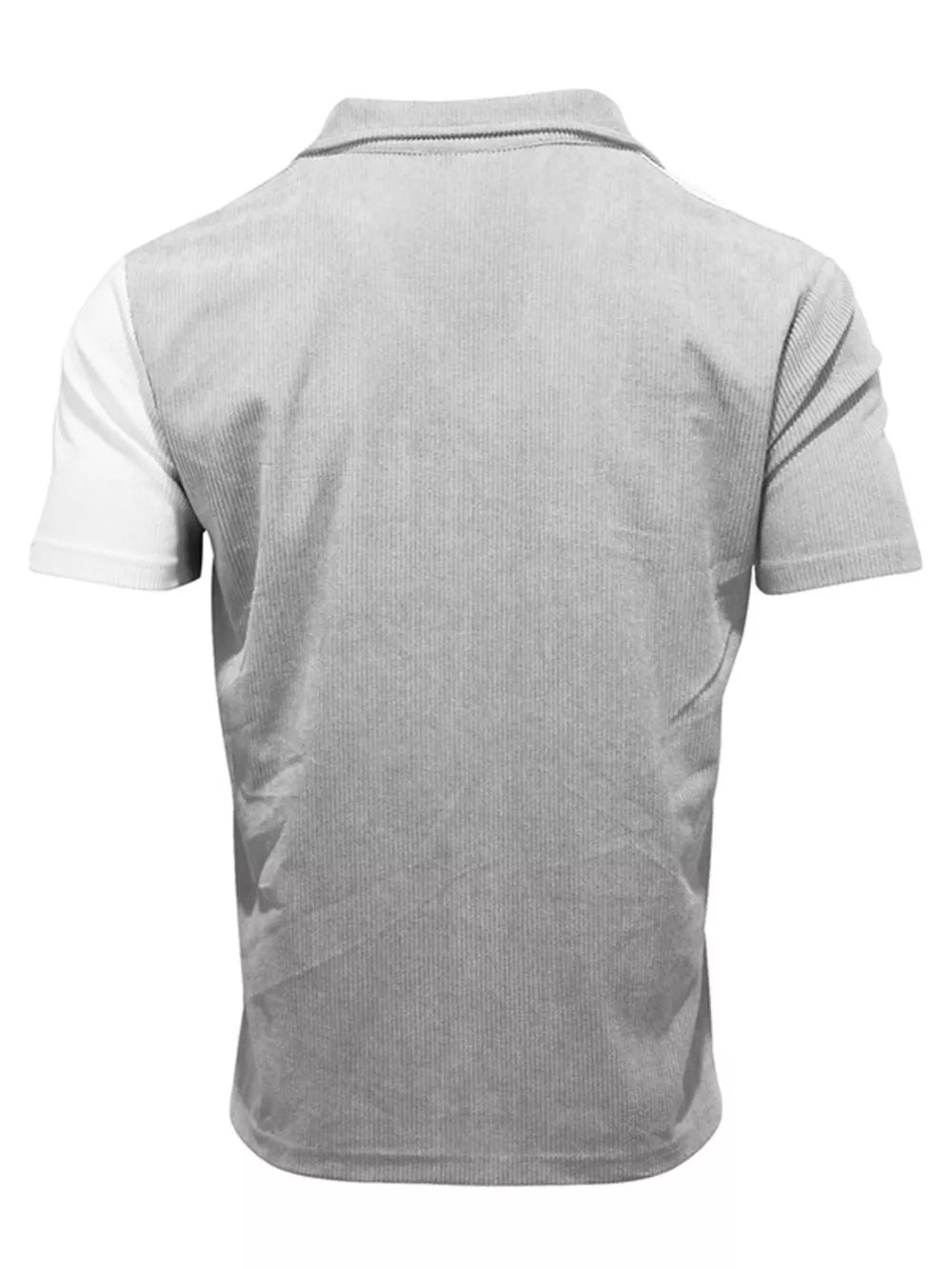 Two-tone textured short sleeve shirt in light gray and white cotton with a color block design.
