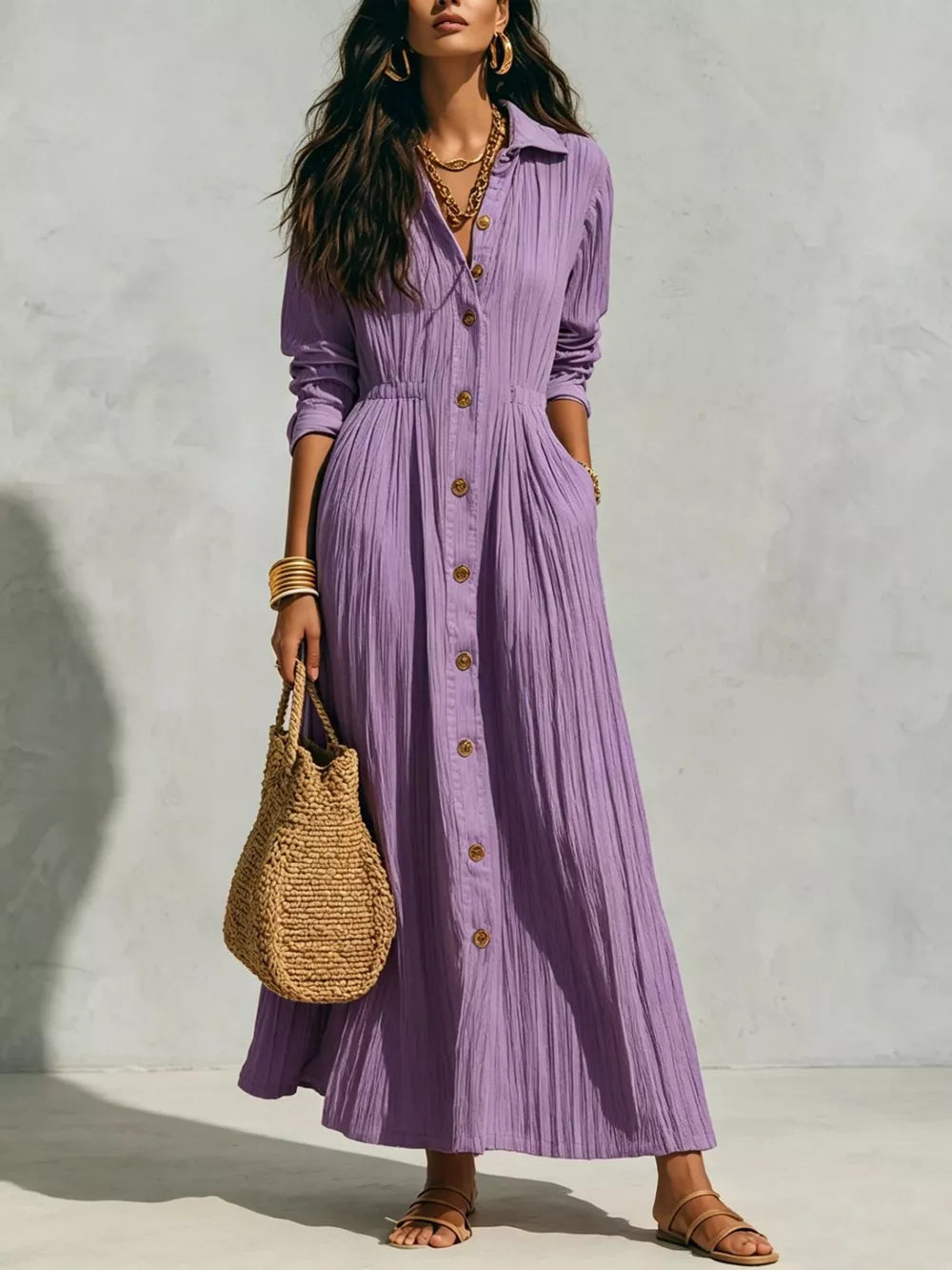 Textured Button Front Long Sleeve Maxi Dress Plus Size in Black, front view