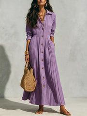 Textured Button Front Long Sleeve Maxi Dress Plus Size in Black, front view