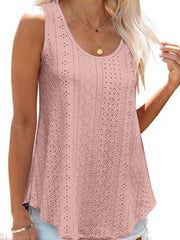 Dusty Pink eyelet scoop neck tank top with intricate pattern detail.