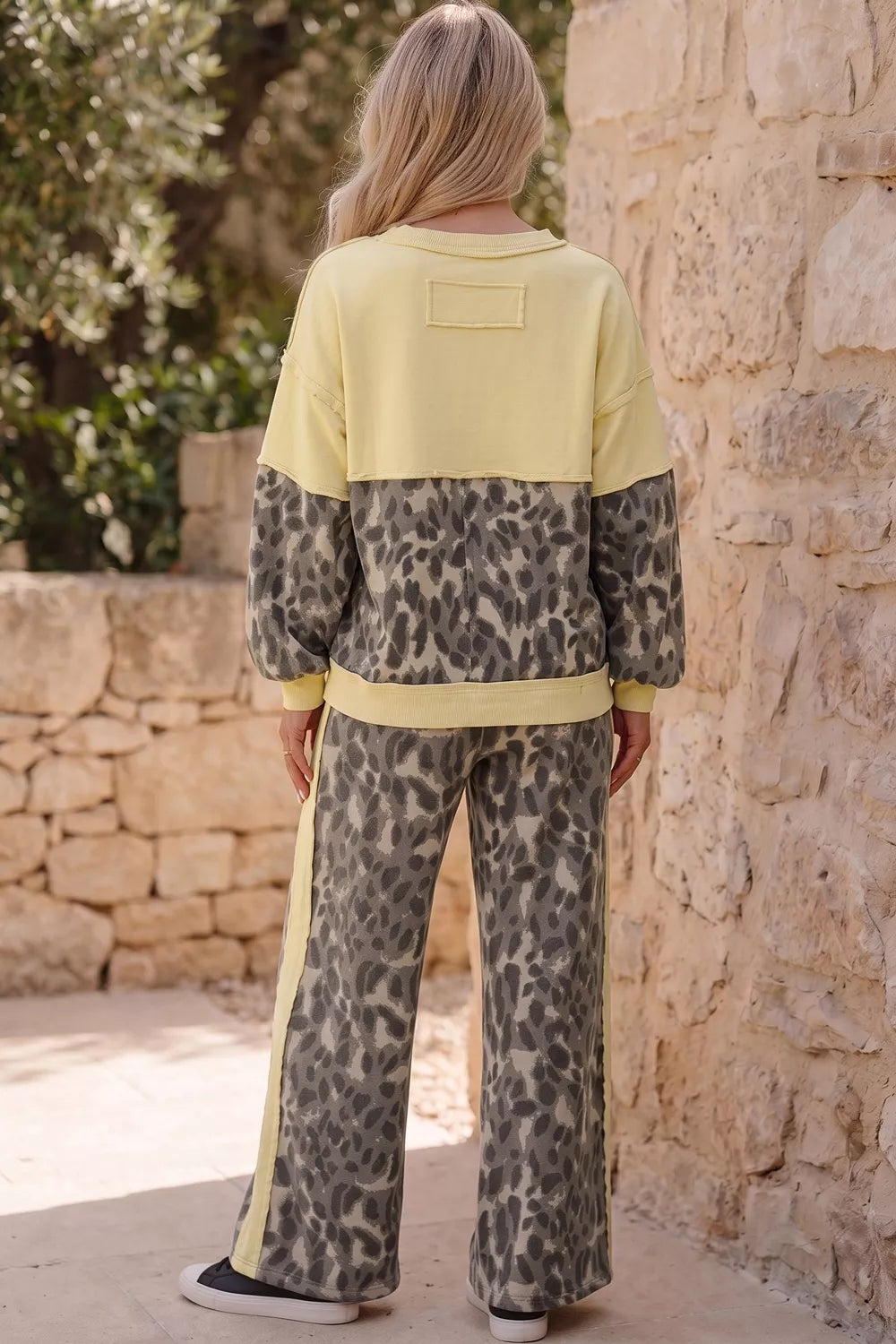 Leopard Print Long Sleeve V-neck Top & Pant Set in Coffee Brown, side view