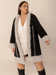 Black hooded duster coat with faux shearling trim and cuffs