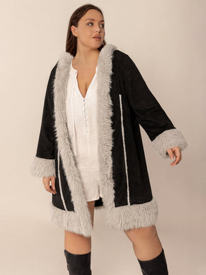 Black hooded duster coat with faux shearling trim and cuffs