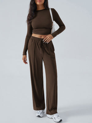 Ribbed knit crop top and wide leg pants set in coffee brown with drawstring waist.