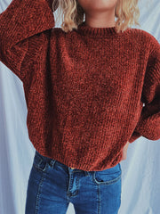 Terracotta textured ribbed knit relaxed crewneck pullover sweater