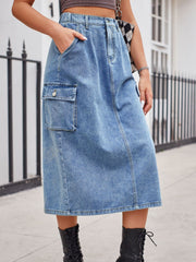 Light wash denim midi skirt with cargo pocket and front slit