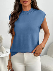 Dusty blue ribbed knit sleeveless mock neck top with a relaxed fit.