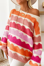 Scalloped stripe off-the-shoulder sweater in pinks and orange, acrylic knit with boatneck.