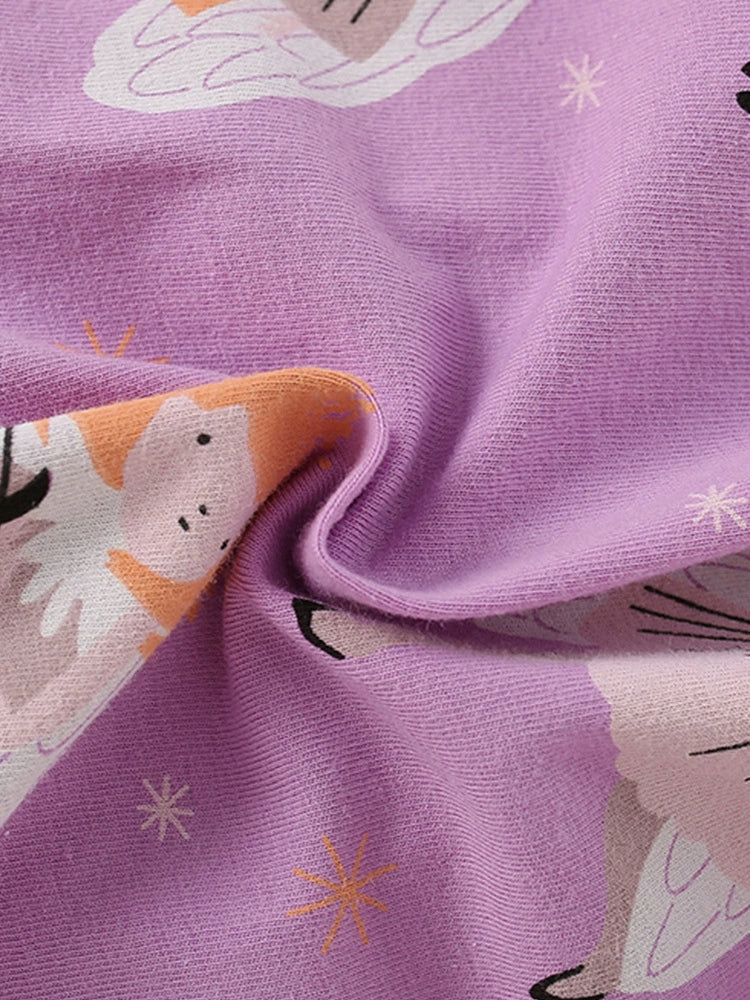 Purple cotton blend toddler dress with cartoon unicorn print and star details.