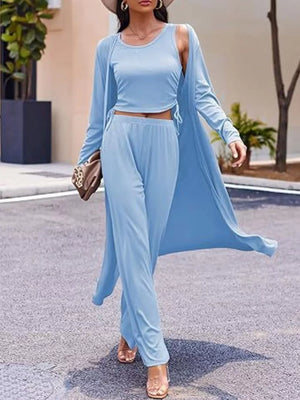 Round Neck Tank Cardigan Pants Set, back view