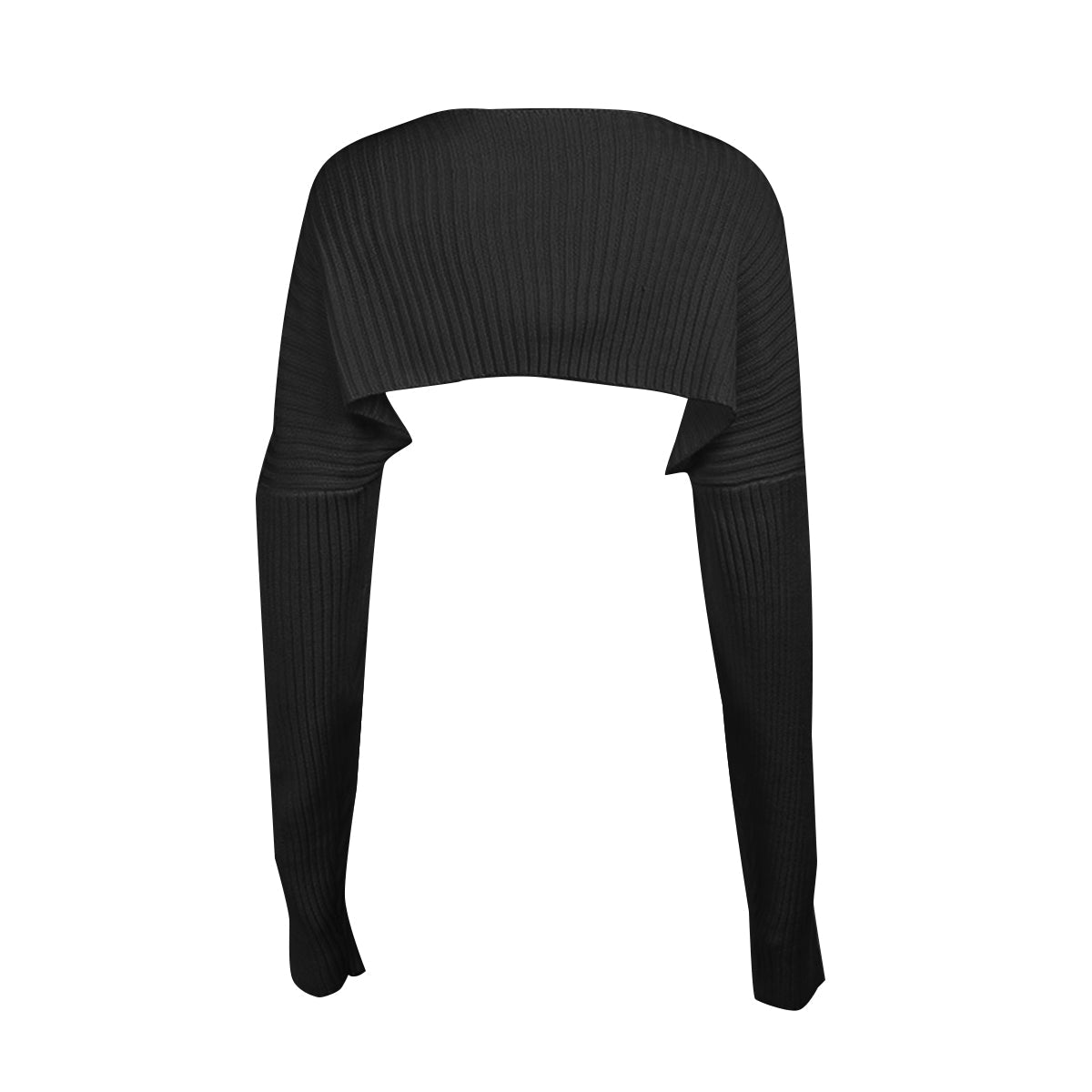 Black ribbed knit sleeve shrug with long sleeves and a cropped bolero style.