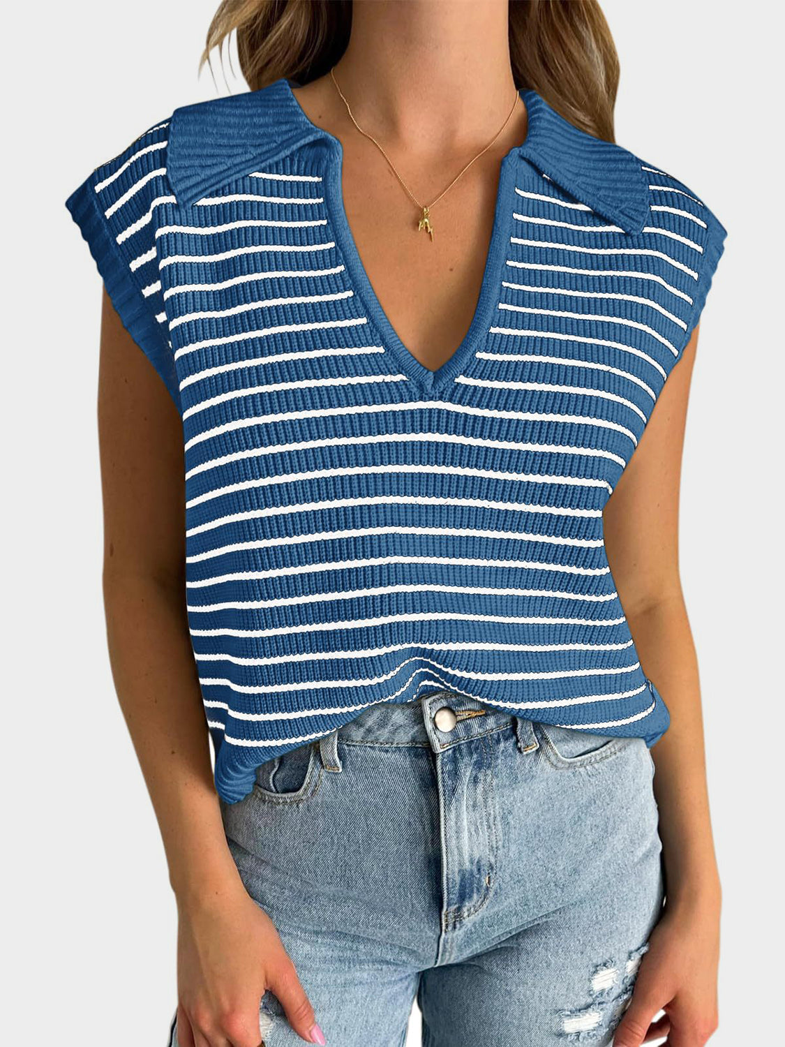 Blue striped ribbed knit polo vest with a V-neck and collar.