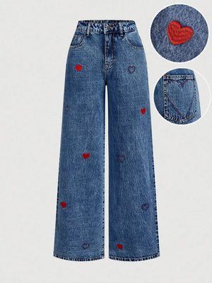 Embroidered Heart Wide-leg Jeans, back view