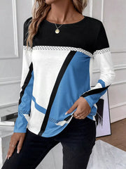 Geometric panel long sleeve t-shirt in black, white, and sky blue with chevron detail