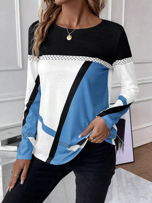 Geometric panel long sleeve t-shirt in black, white, and sky blue with chevron detail