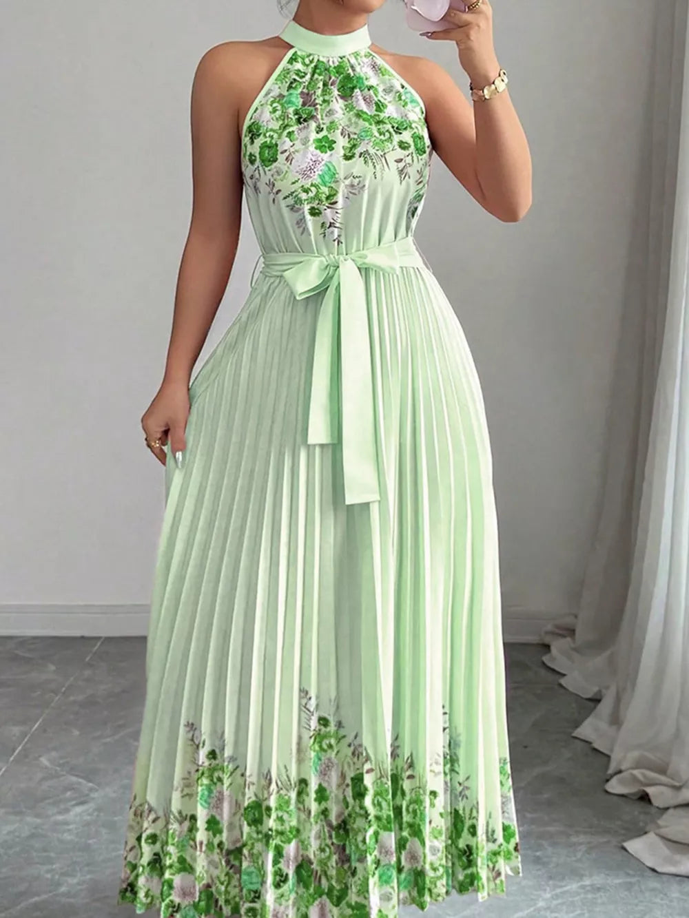 Halter Neck Floral Print Pleated Maxi Dress, back view