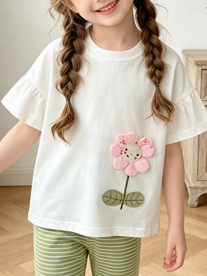 Toddler floral applique cotton set, comfortable casual style.