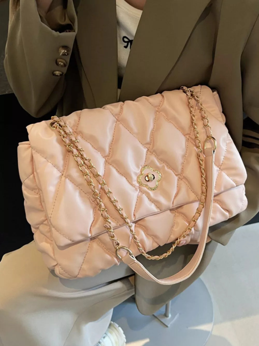 Quilted Chain Shoulder Bag in Pink, close-up detail