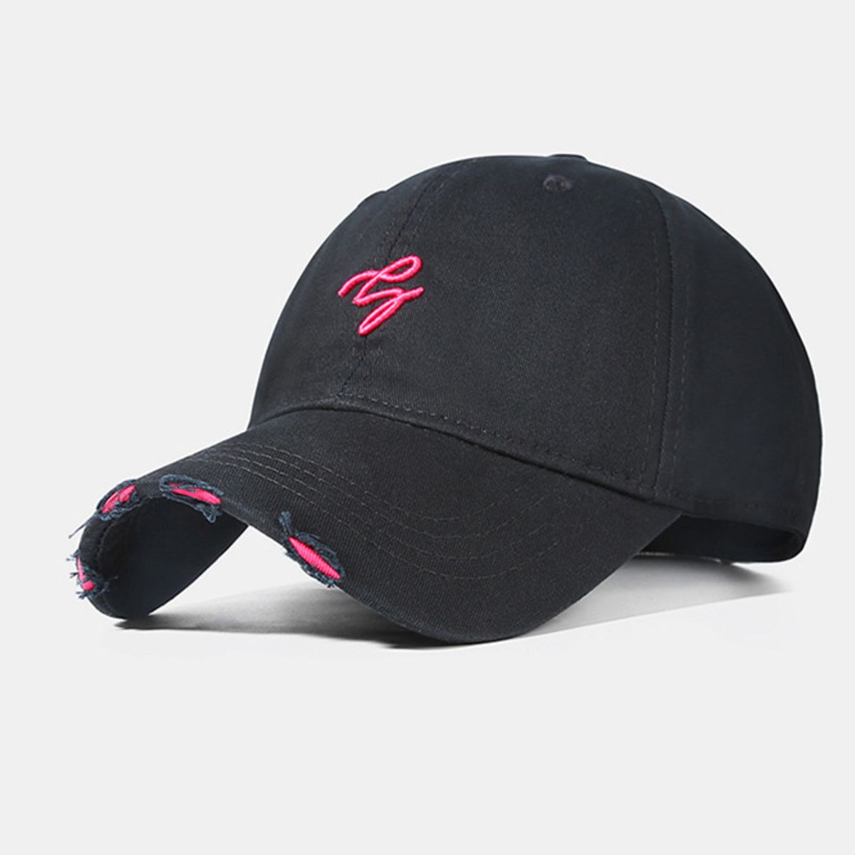 Black cotton baseball cap with distressed brim and pink embroidery