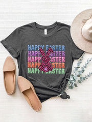 Gray t-shirt with leopard bunny graphic and "Happy Easter" text in colorful glitter.