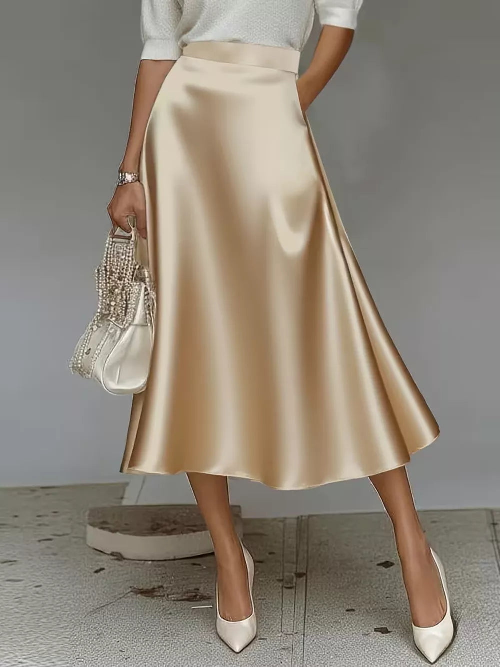 Elegant A-line satin skirt in Khaki Color with pockets, midi length.