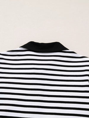 Striped collared long sleeve dress with black collar and button detail.