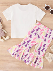 Baby set with white tee and pink bell-bottom pants featuring a purple, pink, and yellow bunny print.