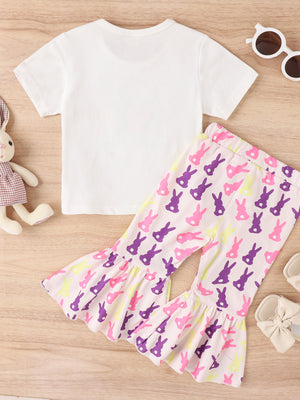 Baby set with white tee and pink bell-bottom pants featuring a purple, pink, and yellow bunny print.