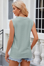 Sage perforated sleeveless button-down blouse with eyelet detail
