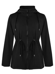 Black waterproof hooded zip-up jacket with drawstring waist and pockets
