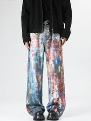 Abstract art print wide leg jeans in cotton with brushstroke pattern and a relaxed fit.