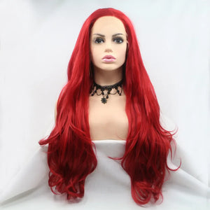 Crimson Cascade lace front wig with long, wavy red hair styled on a mannequin.