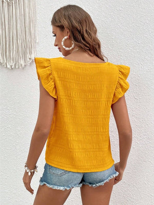 Yellow textured ruffle sleeve square neck blouse with smocked detail.