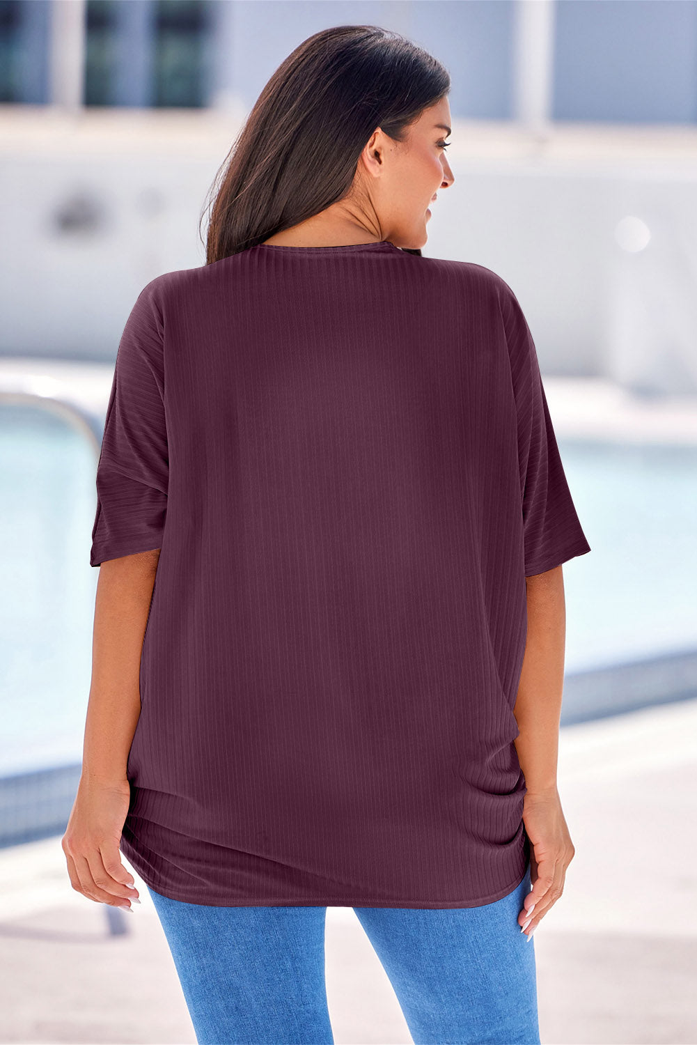 Drape-front ribbed batwing cardigan in Deep Purple with short sleeves.