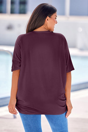 Drape-front ribbed batwing cardigan in Deep Purple with short sleeves.