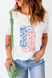 White t-shirt with a red and blue outline graphic of cowboy boots with stars and stripes pattern.