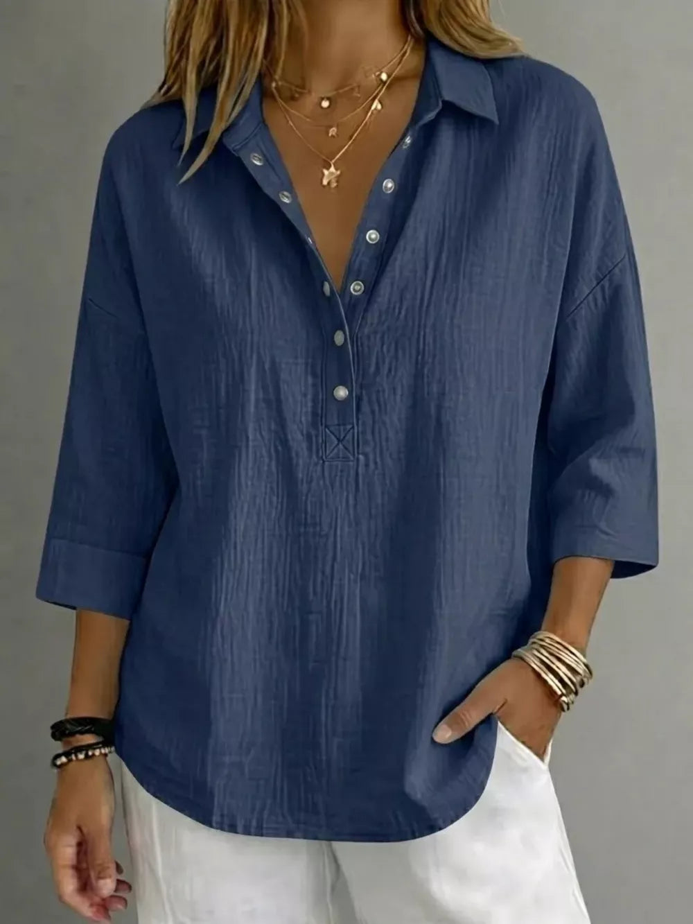 Full Size Snap Down 3/4 Sleeve Blouse Plus Size, editorial view