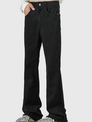 Men's black 100% cotton flare jeans with raw hem detail.