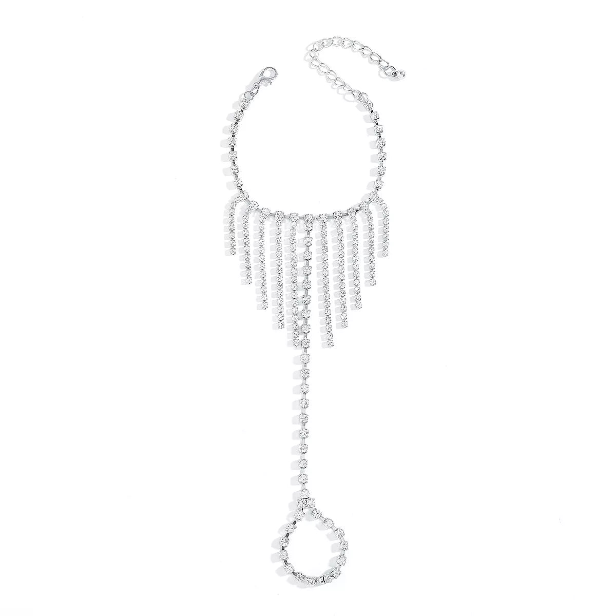 Rhinestone fringe hand chain bracelet in white K with adjustable clasp and chain detail.