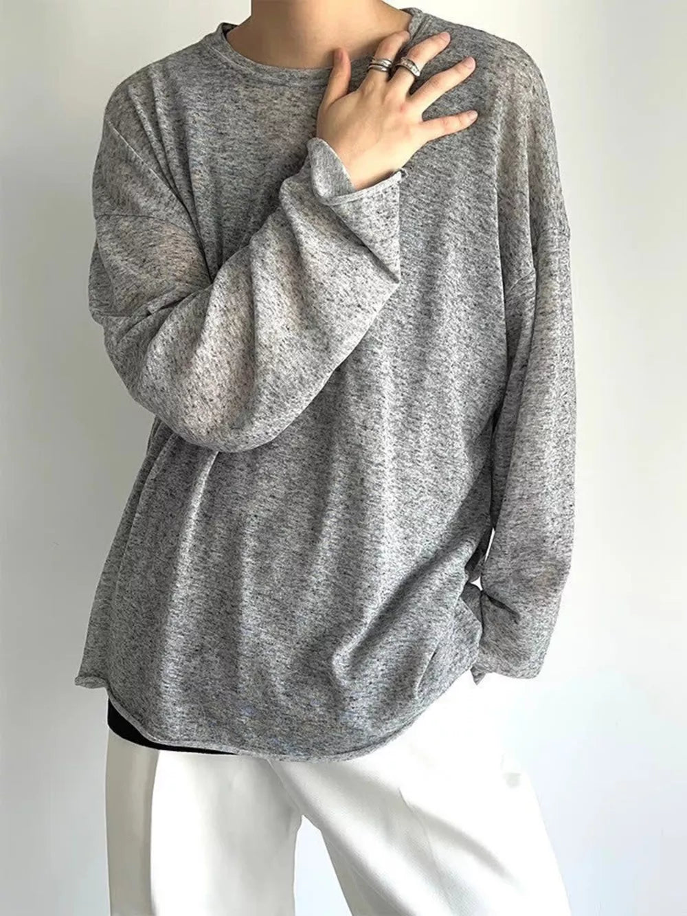 Men's Plus Size Heathered Long-sleeve T-shirt in Black, front view