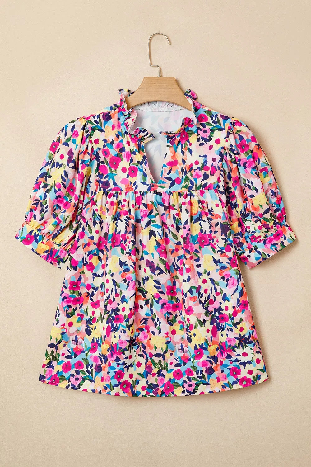 Flower Print Frilled Collar Puff Sleeve Blouse, back view