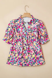 Flower Print Frilled Collar Puff Sleeve Blouse, back view