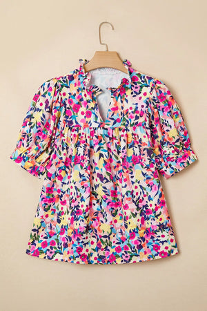 Flower Print Frilled Collar Puff Sleeve Blouse, back view
