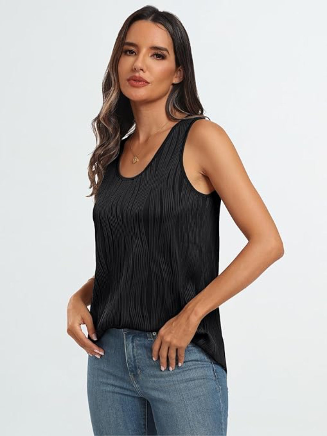 Black textured wave tank top with scoop neck and sleeveless design.