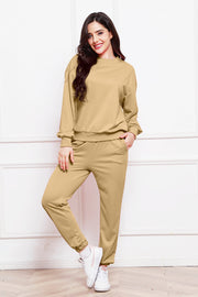 Khaki relaxed fit crewneck sweatshirt and jogger sweatpants set