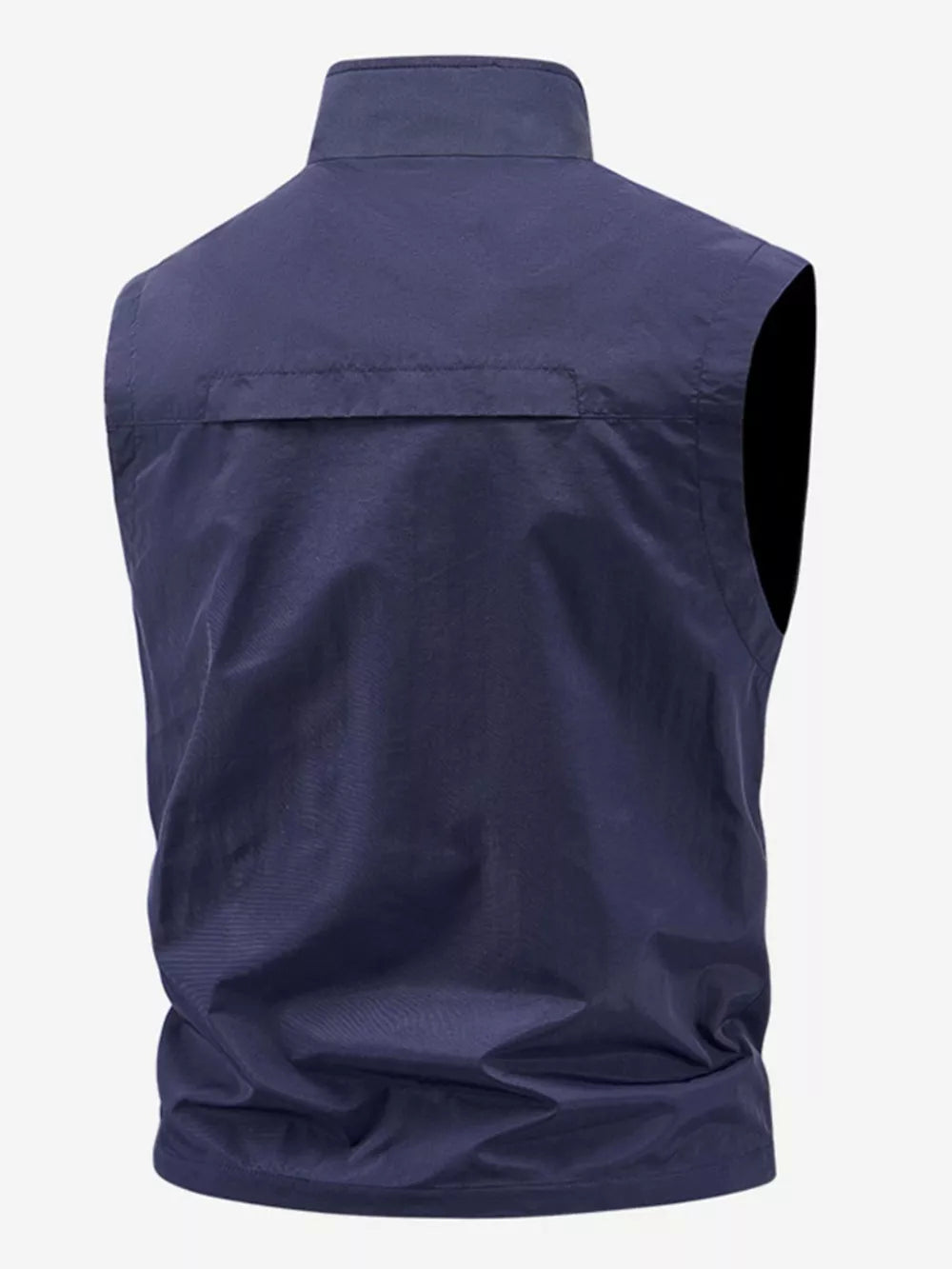 Dark blue men's outdoor vest with stand collar and back flap detail.